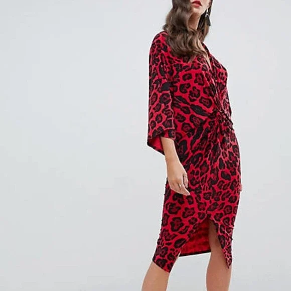 Flounce London Dresses | New Flounce London Kimono Wrap Midi Dress Size 4 | Color: Red | Size: 4 | Apease172'S Closet